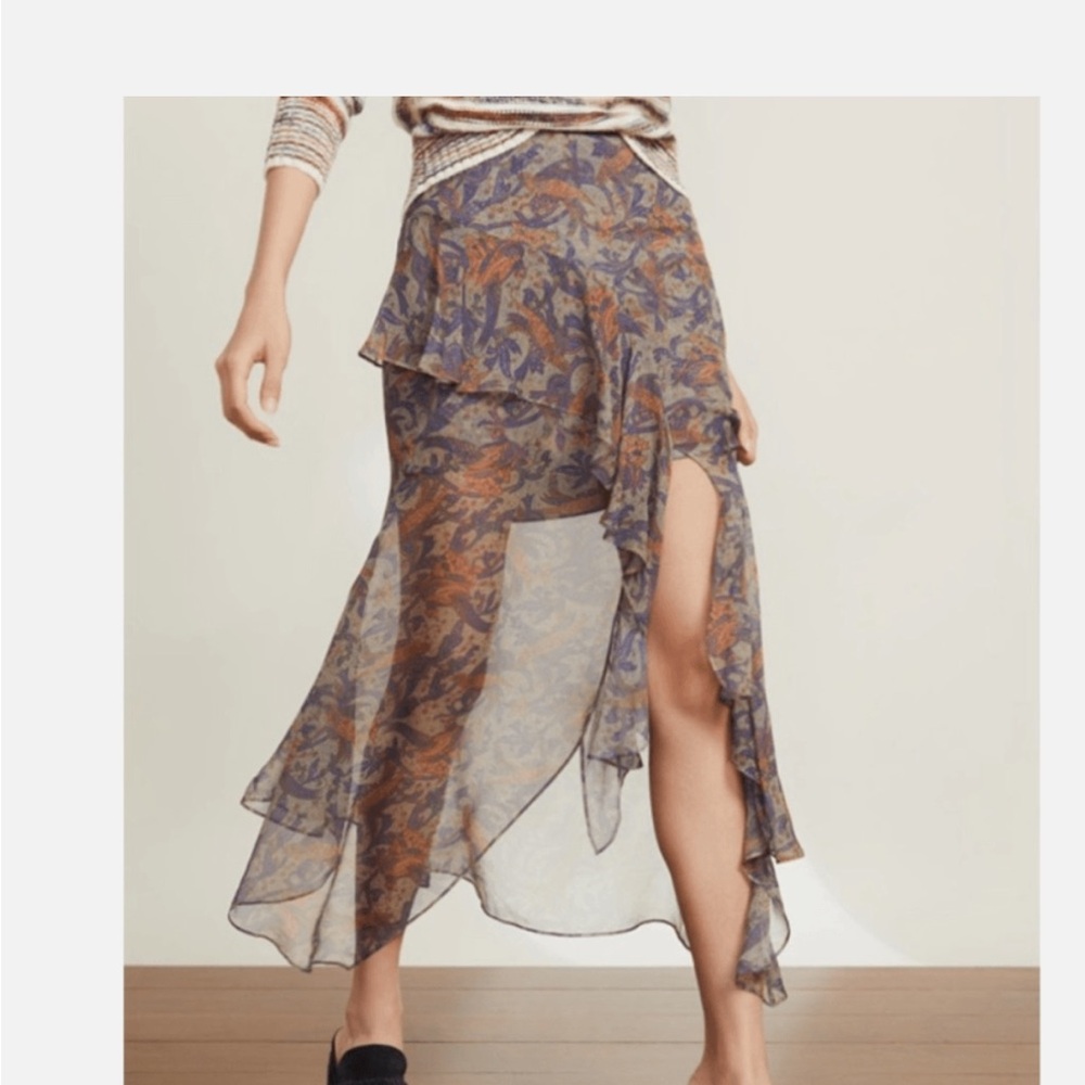 Veronica Beard Sheer Paisley Asymmetrical Midi Skirt - Blue Brown